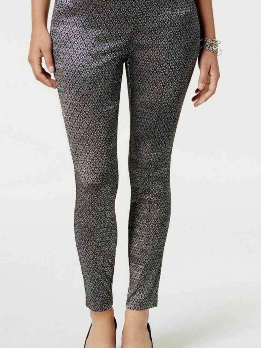 Alfani Women's Skinny Dress Pants in Metallic Black and Gray Jacquard Print